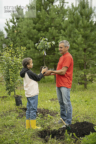 Grandfather and grandchild holding apple tree in garden