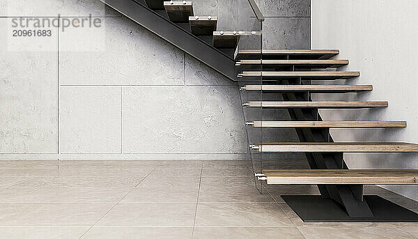 Interior of wooden stairway in modern two-story house