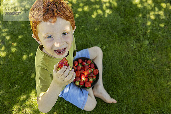 Boy sitting and eating strawberries in garden