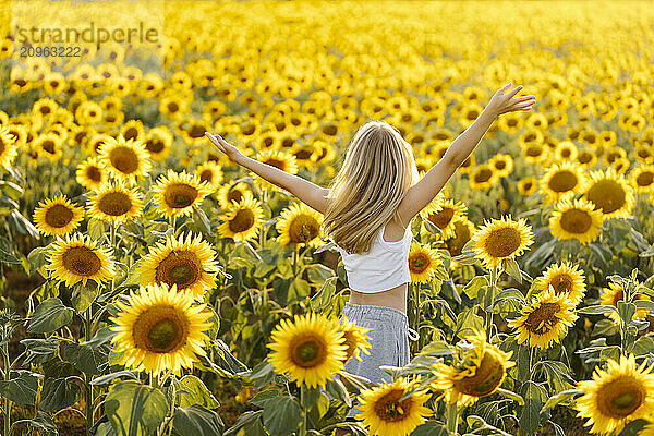 Carefree girl with arms raised standing in sunflower field