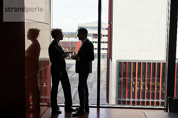 Business colleagues discussing near glass wall at office