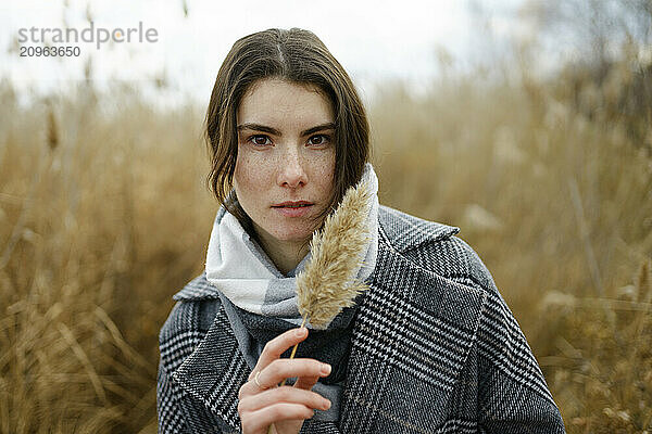 Woman with freckle holding pampas at field