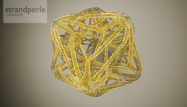 Abstract 3D rendering of tangled gold colored object in mid air against colored background