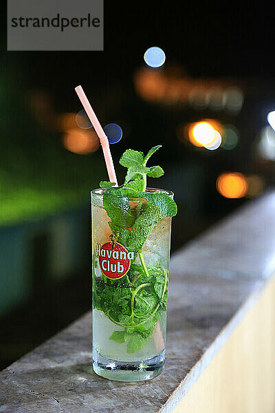 Mojito drink with mint leaves and Havana Club rum  Trinidad  Cuba