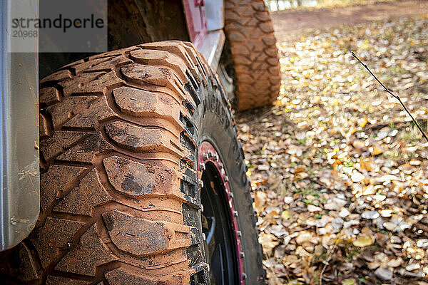 Close-up of tire covered in mud  Biwabik  Minnesota  USA