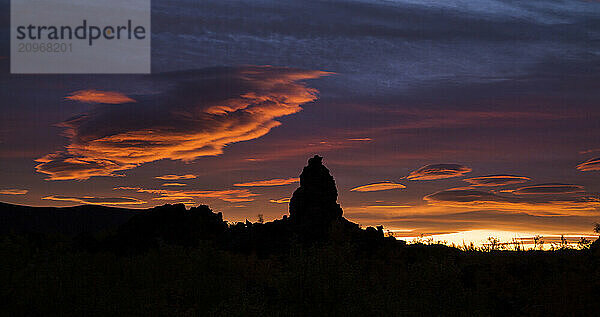 Dimmuborgir lava field silhouetted at sunset  Iceland