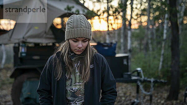 Portrait of young woman during camping  Biwabik  Minnesota  USA