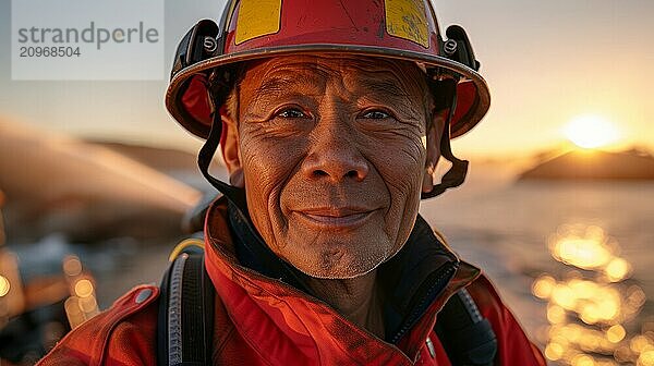 Firefighter in a red helmet and uniform with a sunset background