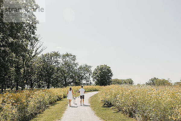 Couple walking with dog on path lined with wildflowers