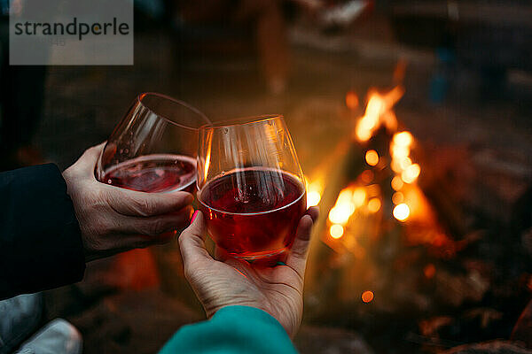 Female friends with wine by a campfire