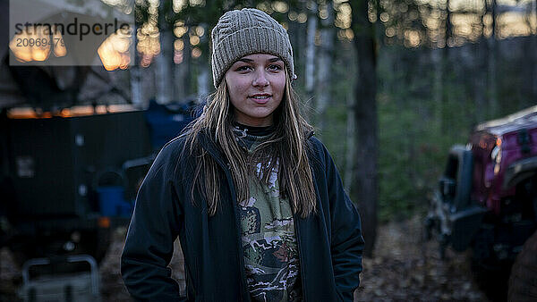 Portrait of young woman during camping  Biwabik  Minnesota  USA