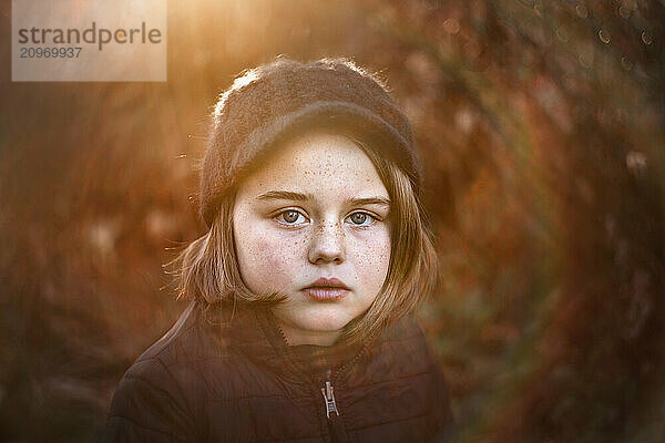 Close up portrait of beautiful girl in knit cap rainbow flare