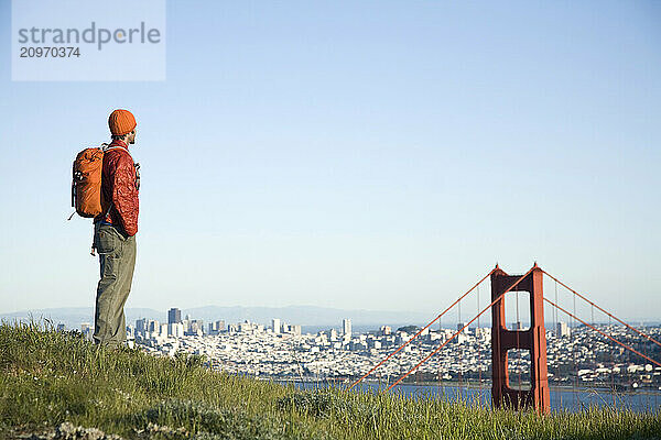 Young man hiking in the Marin Headlands. Golden Gate National Recreation Area. San Francisco  CA