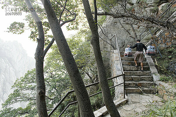 A man balancing heavy packages on the trail to the San Huang Zhai Monastery on the Song Mountain  China.