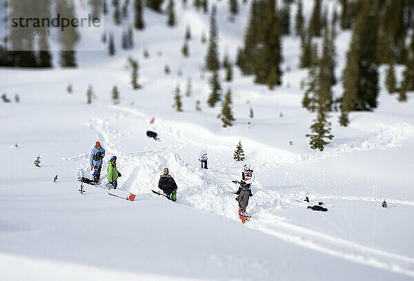 Five snowboarders in the early stages of building a jump in the Colorado backcountry.