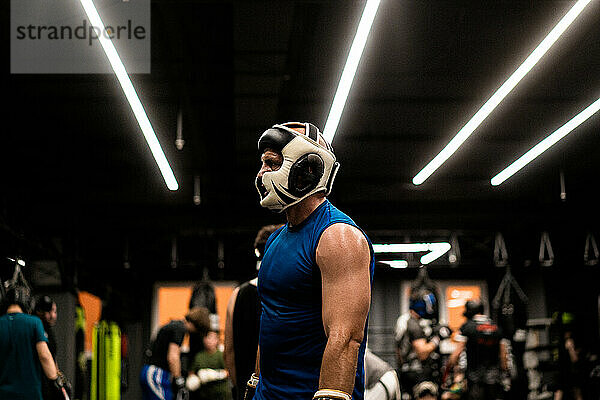 Boxers fighting in boxing training in the gym.