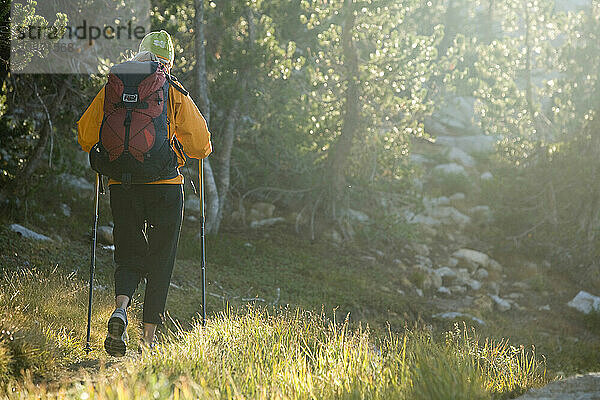 A woman backpacking in Yosemite National Park  California.