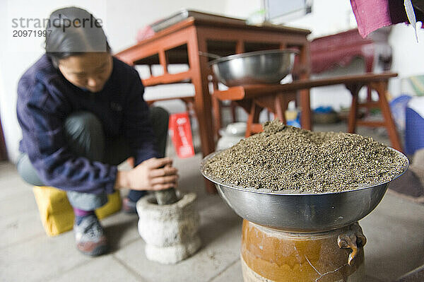 Traditional Shaolin herbs being prepared at the San Huang Zhai Monastery on the Song Mountain  China.