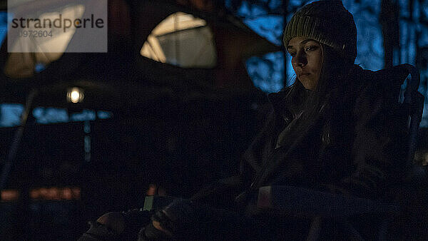 Portrait of young woman during camping  Biwabik  Minnesota  USA