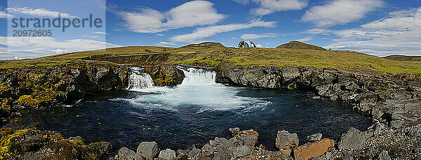 Scenic panorama of highland waterfalls  Iceland