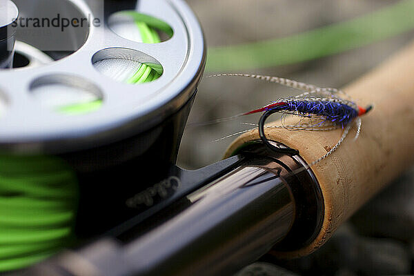 Close-up of fly fishing reel and steelhead.