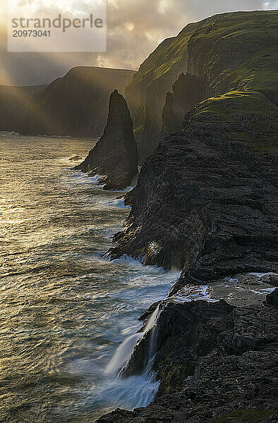 View of waterfall and coastal cliffs  Sorvagsvatn  Vagar  Faroe Islands