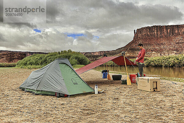 A colorful and tidy camp on the Green River in Canyonlands National Park  Utah.