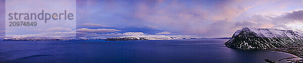 Snowcapped mountains on seashore  Westfjords  Iceland