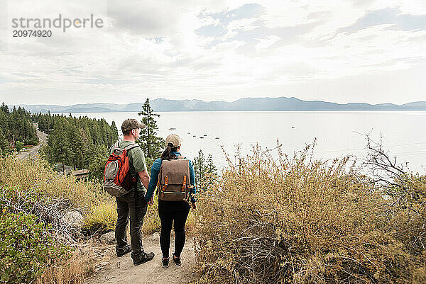 Hiker couple looking at the view together