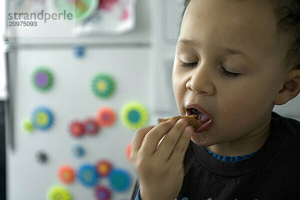 A boy eats a chicken nugget