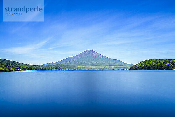 View of Mount Fuji on a summer morning  Lake Yamanaka  Japan