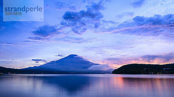 View of Mount Fuji on a summer evening  Lake Yamanaka  Japan