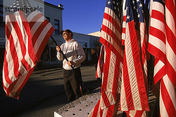 Selling American flags.