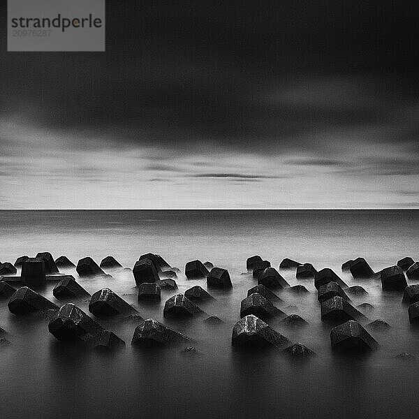 Tetrapods in the sea and dramatic sky  Shizuoka Prefecture  Japan