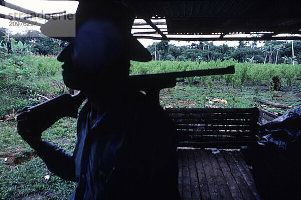 Armed man guards coca fields  Colombia.