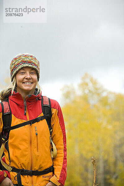 Portrait of young woman out hiking near Lake Tahoe  CA.