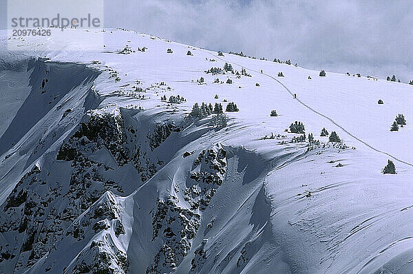 Skiing backcountry in the Rocky Mountains.