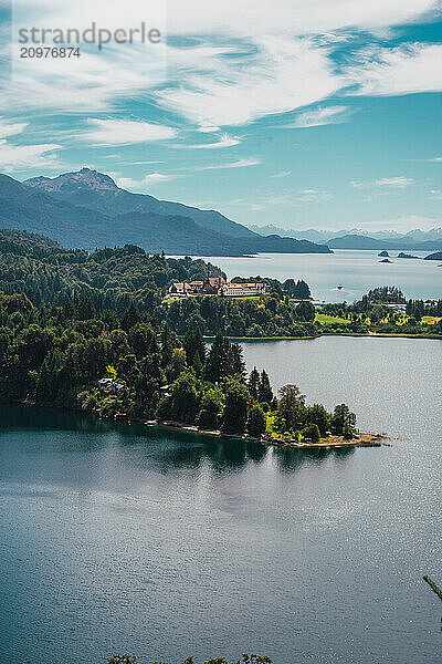 A beautiful lake with a small island in the middle