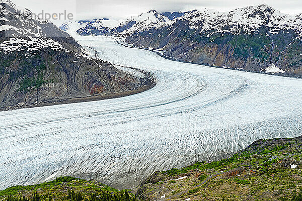 Drone view of Salmon Glacier and snow capped mountains