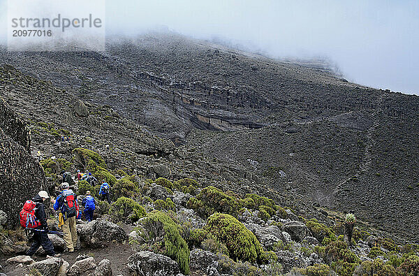 Hikers traversing over to Karanga Camp on Machame Route  Mt. Kilimanjaro.