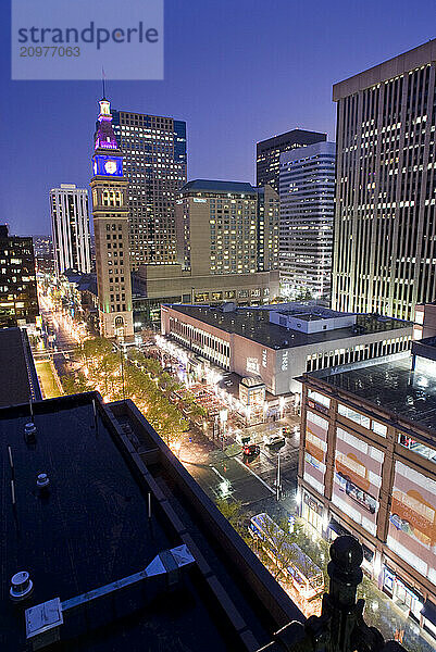 Night time overview of the 16th St. Mall in Denver Colorado