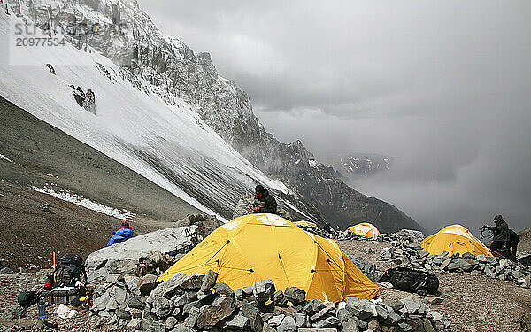 Mountaineers doing various camp chores at 16200 camp on Aconcagua  Andes Mountains