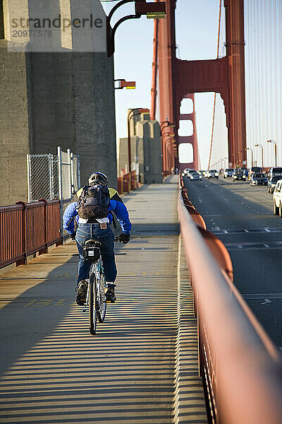 Commuters on the Golden Gate Bridge in San Francisco  California.