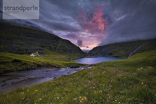 Saksun church at sunset  Streymoy  Faroe Islands