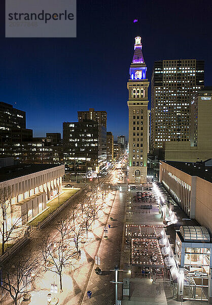 Night time overview of 16th St. Mall in Denver Colorado