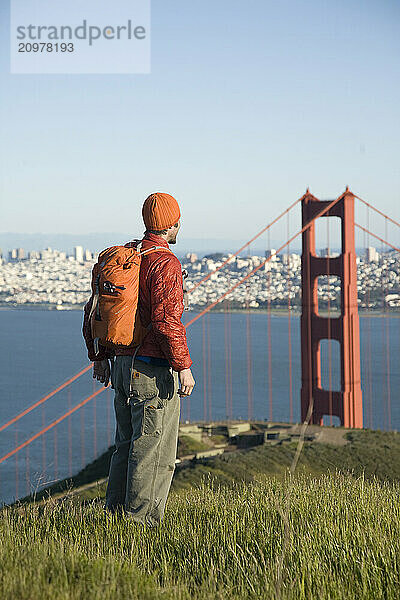 Young man hiking in the Marin Headlands. Golden Gate National Recreation Area. San Francisco  CA