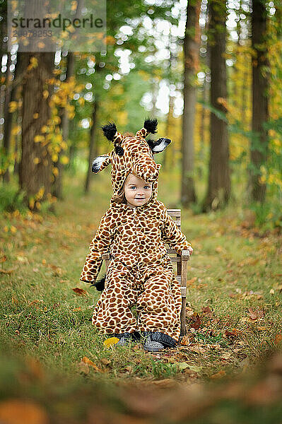 Beautiful toddler wearing giraffe costume outdoors in autumn