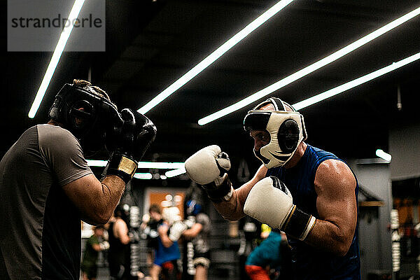 Boxers fighting in boxing training in the gym.