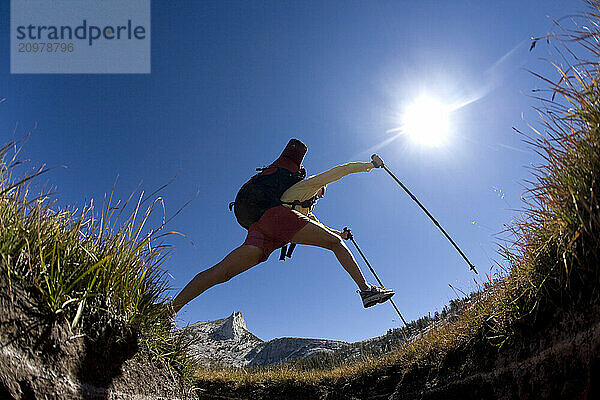 A woman backpacking in Yosemite National Park  California.