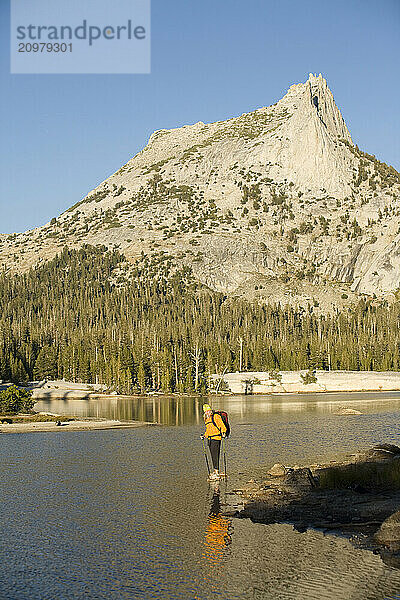 A woman backpacking in Yosemite National Park  California.